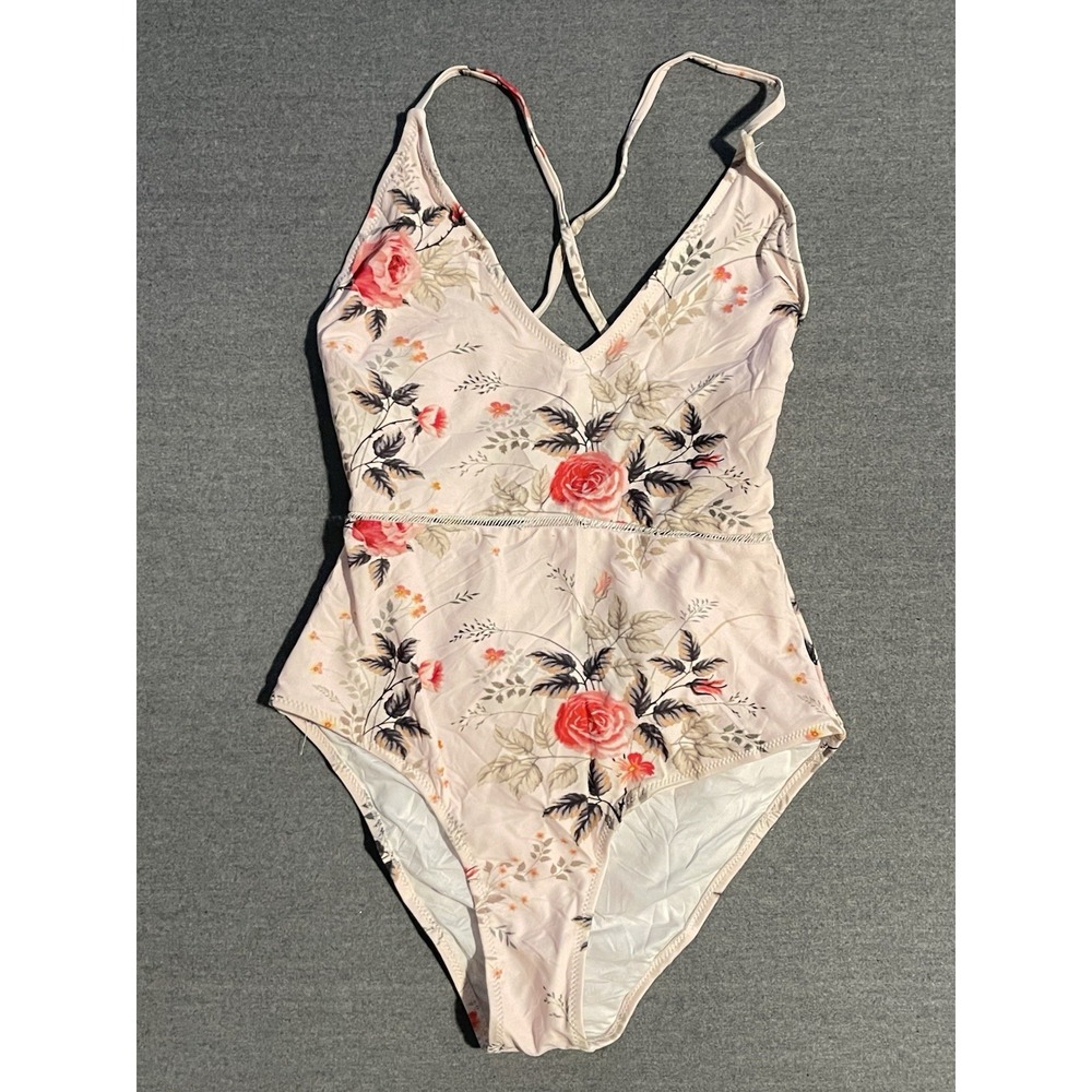 Floral One Piece Swimsuit Small Criss Cross Back Pink Rose Print Boho Swimwear